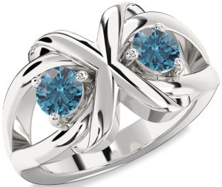 Blue Diamond Silver Round Two Stone Ring