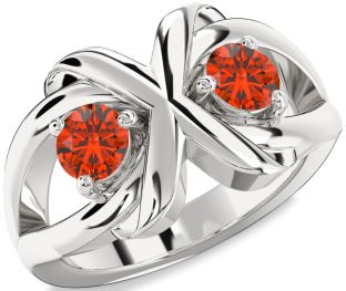 Fire Opal Silver Round Two Stone Ring