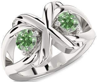 Green Diamond Silver Round Two Stone Ring