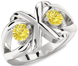 Yellow Diamond Silver Round Two Stone Ring