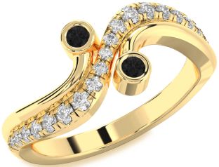 Black Diamond Gold Silver Round Two Stone Ring