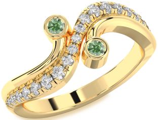 Green Diamond Gold Silver Round Two Stone Ring