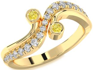 Yellow Diamond Gold Silver Round Two Stone Ring