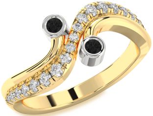 Black Diamond Gold Silver Round Two Stone Ring