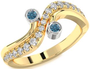 Blue Diamond Gold Silver Round Two Stone Ring