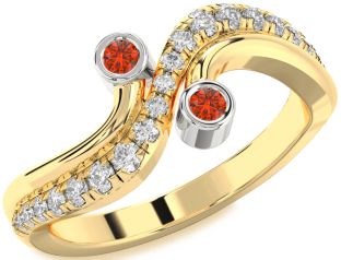 Diamond Fire Opal Gold Silver Round Two Stone Ring