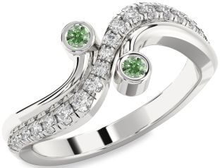 Green Diamond Silver Round Two Stone Ring