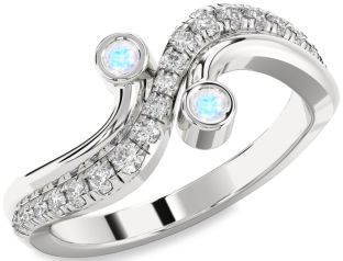 Diamond Moonstone Silver Round Two Stone Ring