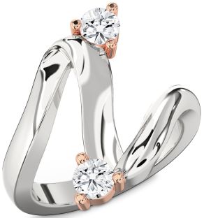 Diamond Silver & 10K Rose Gold Round Two Stone Ring