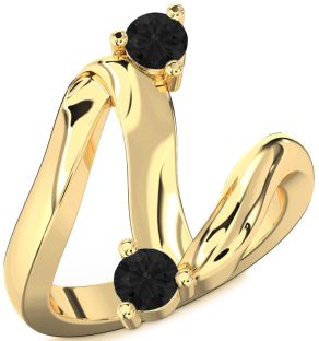 Black Diamond Gold Silver Round Two Stone Ring