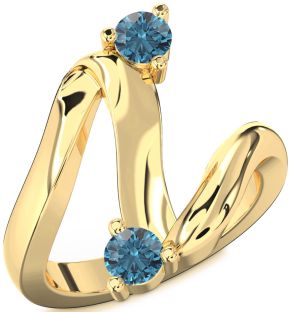Blue Diamond Gold Silver Round Two Stone Ring