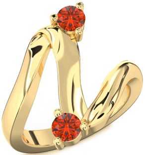 Fire Opal Gold Silver Round Two Stone Ring
