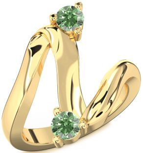 Green Diamond Gold Silver Round Two Stone Ring