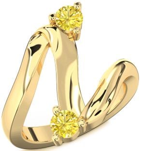 Yellow Diamond Gold Silver Round Two Stone Ring