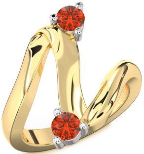 Fire Opal Gold Silver Round Two Stone Ring