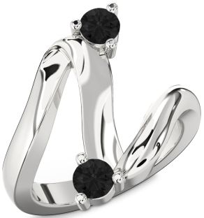 Black Diamond Silver Round Two Stone Ring