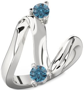 Blue Diamond Silver Round Two Stone Ring