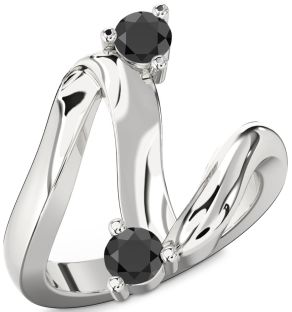 Black Onyx Silver Round Two Stone Ring