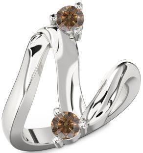 Chocolate Brown Diamond Silver Round Two Stone Ring
