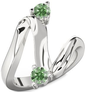 Green Diamond Silver Round Two Stone Ring