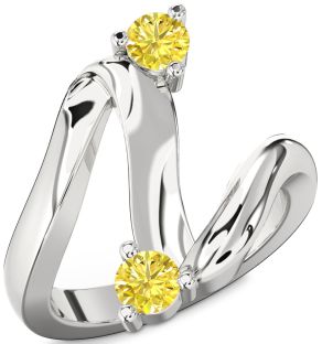 Yellow Diamond Silver Round Two Stone Ring