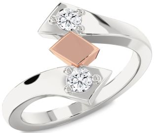 Diamond Silver & 10K Rose Gold Round Two Stone Ring