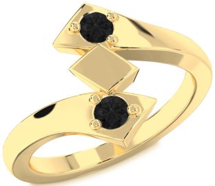 Black Diamond Gold Silver Round Two Stone Ring