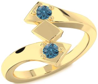 Blue Diamond Gold Silver Round Two Stone Ring