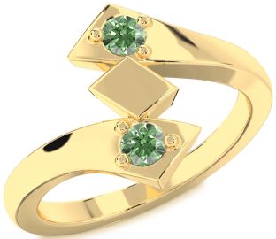 Green Diamond Gold Silver Round Two Stone Ring