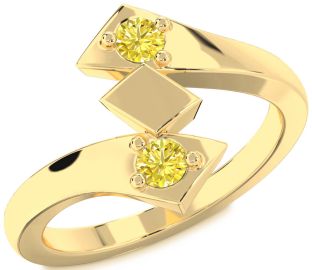 Yellow Diamond Gold Silver Round Two Stone Ring