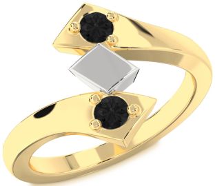 Black Diamond Gold Silver Round Two Stone Ring