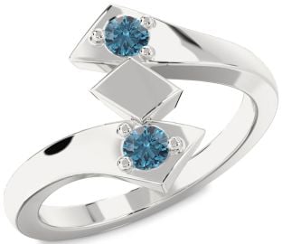 Blue Diamond Silver Round Two Stone Ring