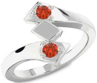 Fire Opal Silver Round Two Stone Ring