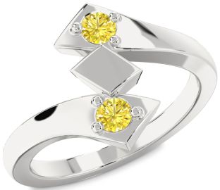 Yellow Diamond Silver Round Two Stone Ring