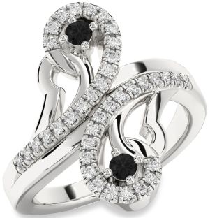Black Diamond Silver Round Two Stone Ring