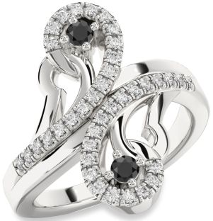 Diamond Black Onyx Silver Round Two Stone Ring