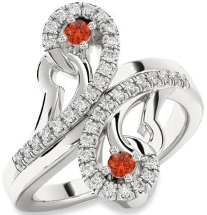 Diamond Fire Opal Silver Round Two Stone Ring