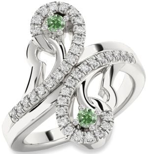 Green Diamond Silver Round Two Stone Ring