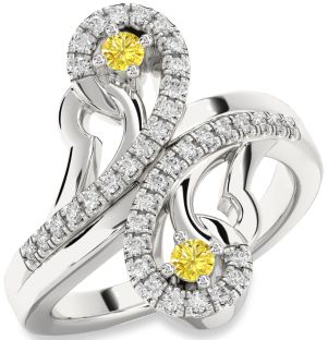 Yellow Diamond Silver Round Two Stone Ring