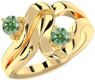 Green Diamond Gold Silver Round Two Stone Ring