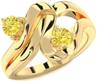 Yellow Diamond Gold Silver Round Two Stone Ring