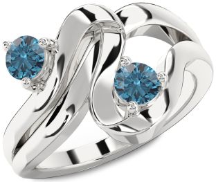 Blue Diamond Silver Round Two Stone Ring