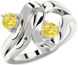 Yellow Diamond Silver Round Two Stone Ring