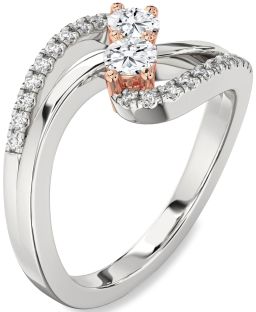 Diamond Silver & 10K Rose Gold Round Two Stone Ring