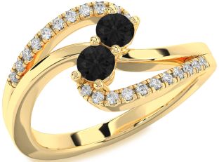 Black Diamond Gold Silver Round Two Stone Ring
