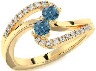 Blue Diamond Gold Silver Round Two Stone Ring
