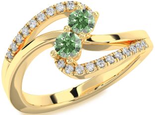 Green Diamond Gold Silver Round Two Stone Ring