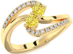 Yellow Diamond Gold Silver Round Two Stone Ring