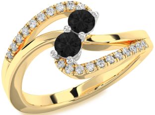 Black Diamond Gold Silver Round Two Stone Ring
