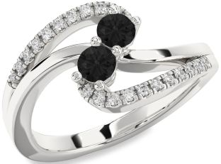 Black Diamond Silver Round Two Stone Ring